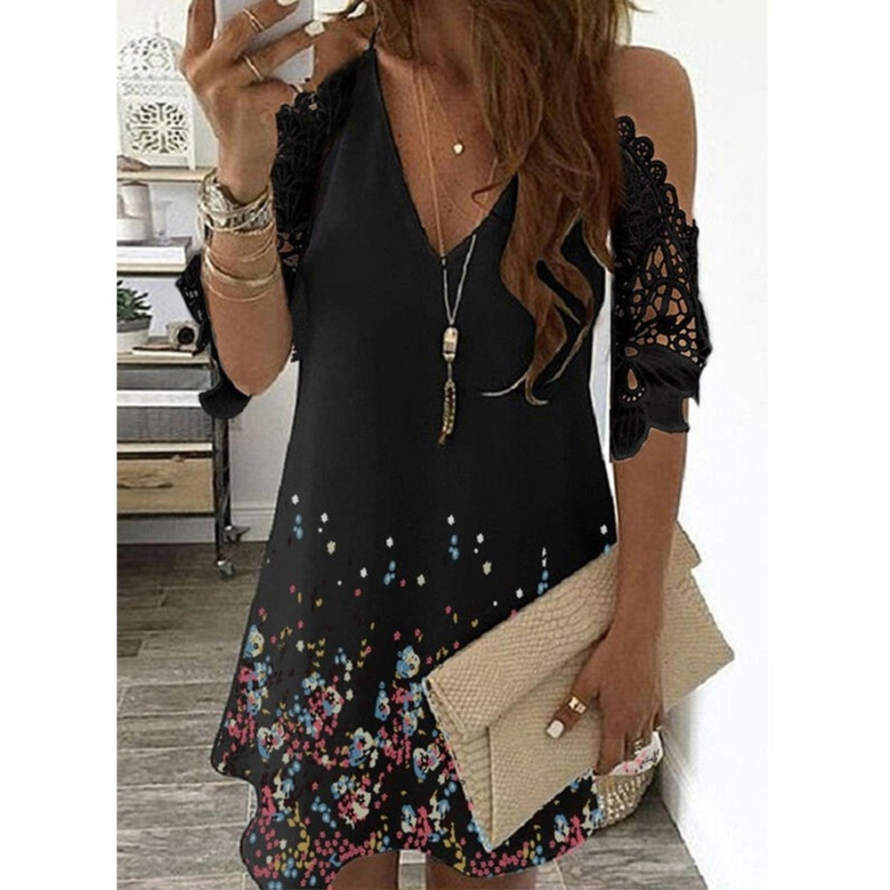 Grande taille Sexy robe à épaules dénudées femmes Vintage dentelle florale demi manches Mini robes décontracté fronde col en V plage robes de soirée