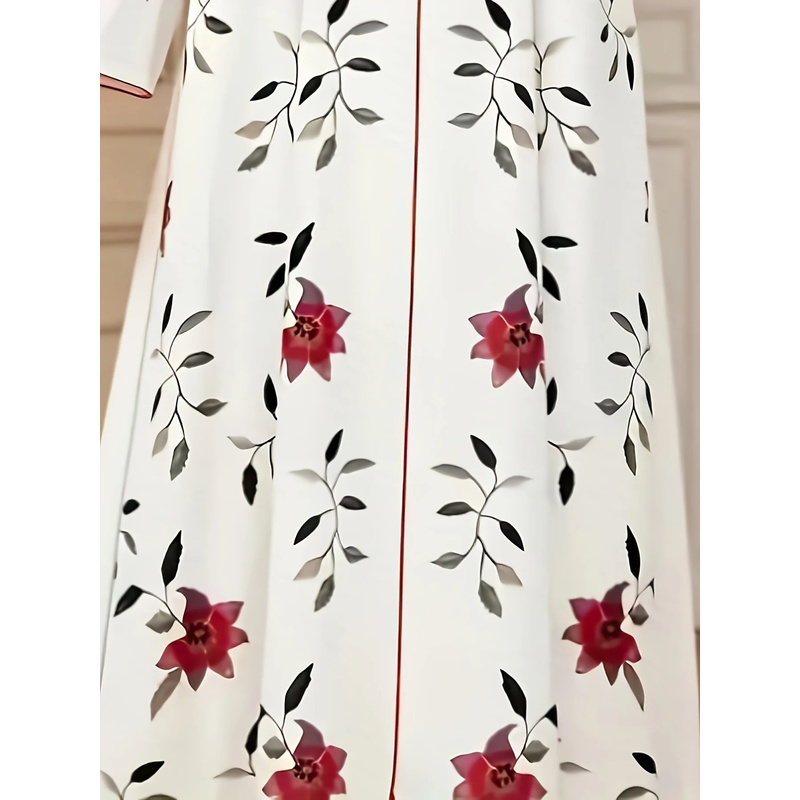 Robe élégante à col en V et manches longues pour femme, imprimé musulman, coupe ample trapèze avec ourlet fendu, idéale pour le Ramadan et les occasions de l'Aïd