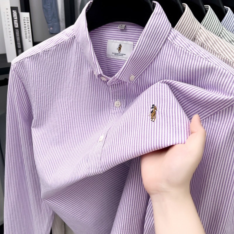 Chemise brodée de luxe pour homme, 100 % coton doux, manches longues, col à revers, rayures color block, haut tendance et polyvalent pour homme