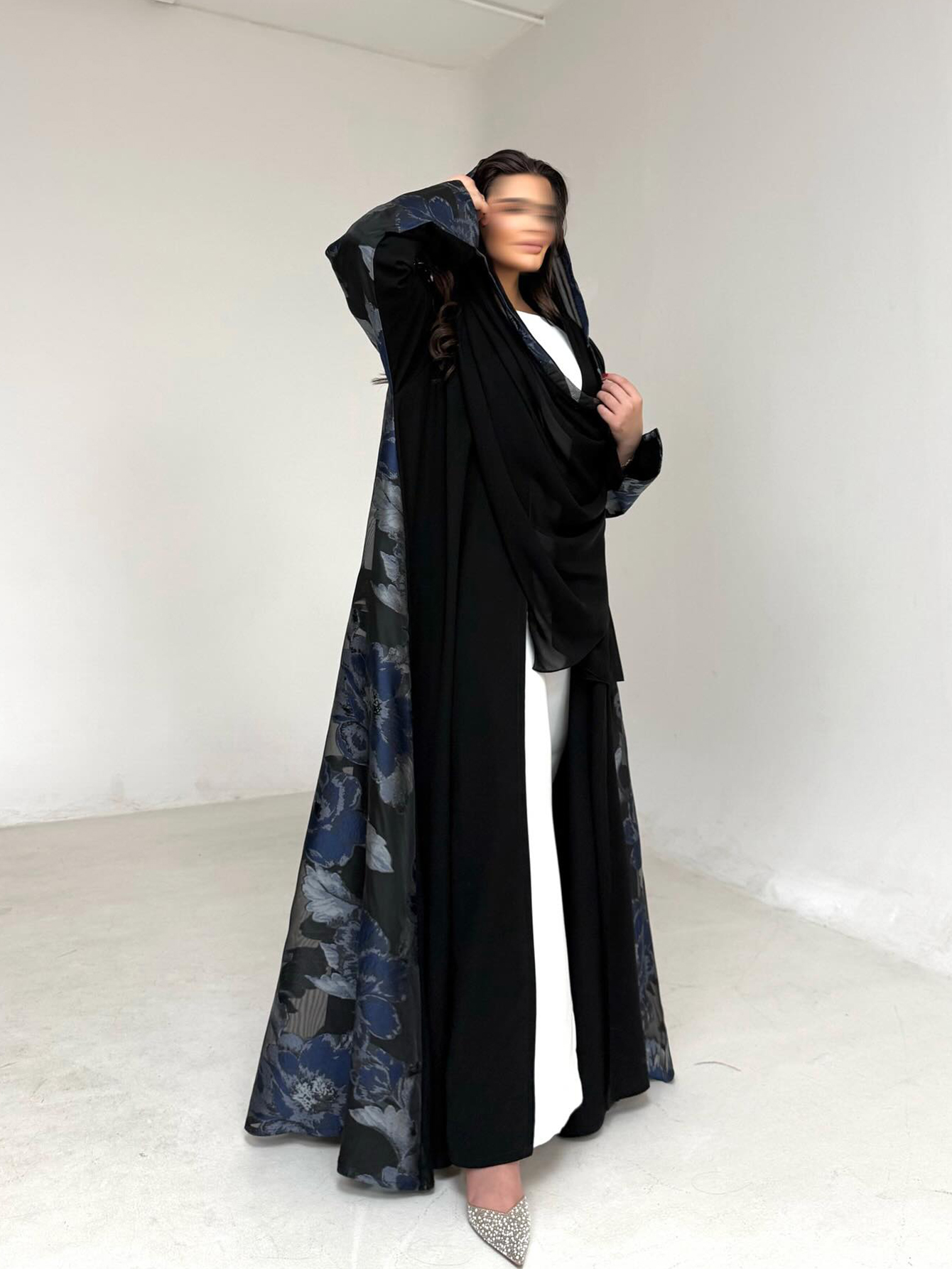 Abaya noire à imprimé floral pour femmes, robe arabe élégante à manches longues et amples