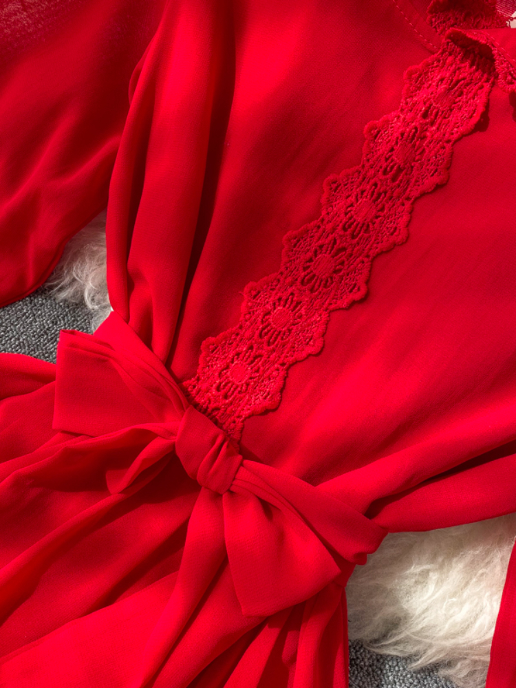Robe longue rouge à capuche en mousseline de soie pour femmes, robes de plage élégantes à volants, robe trapèze mince, robe longue monochrome, robe éducative, printemps, automne