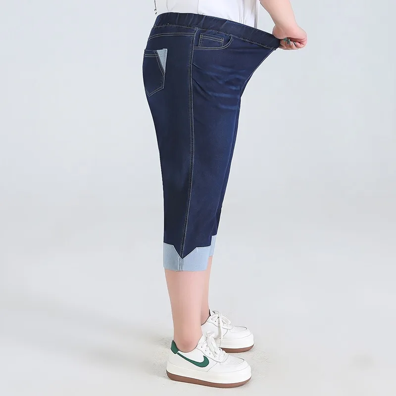Femmes Denim Shorts 140KG été grande taille recadrée 7XL 8XL 9XL mince coupe élastique étiré surdimensionné mollet longueur femme jean