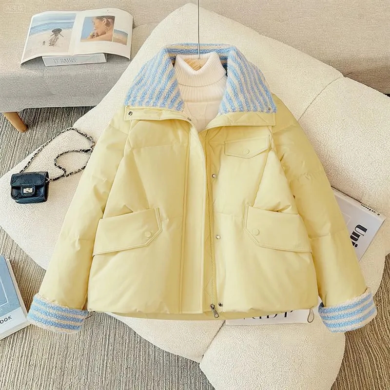 Veste Parkas à col à revers pour Femme, manteau court rembourré en coton, à la mode, manches longues, vêtements d'extérieur bouffants, automne hiver