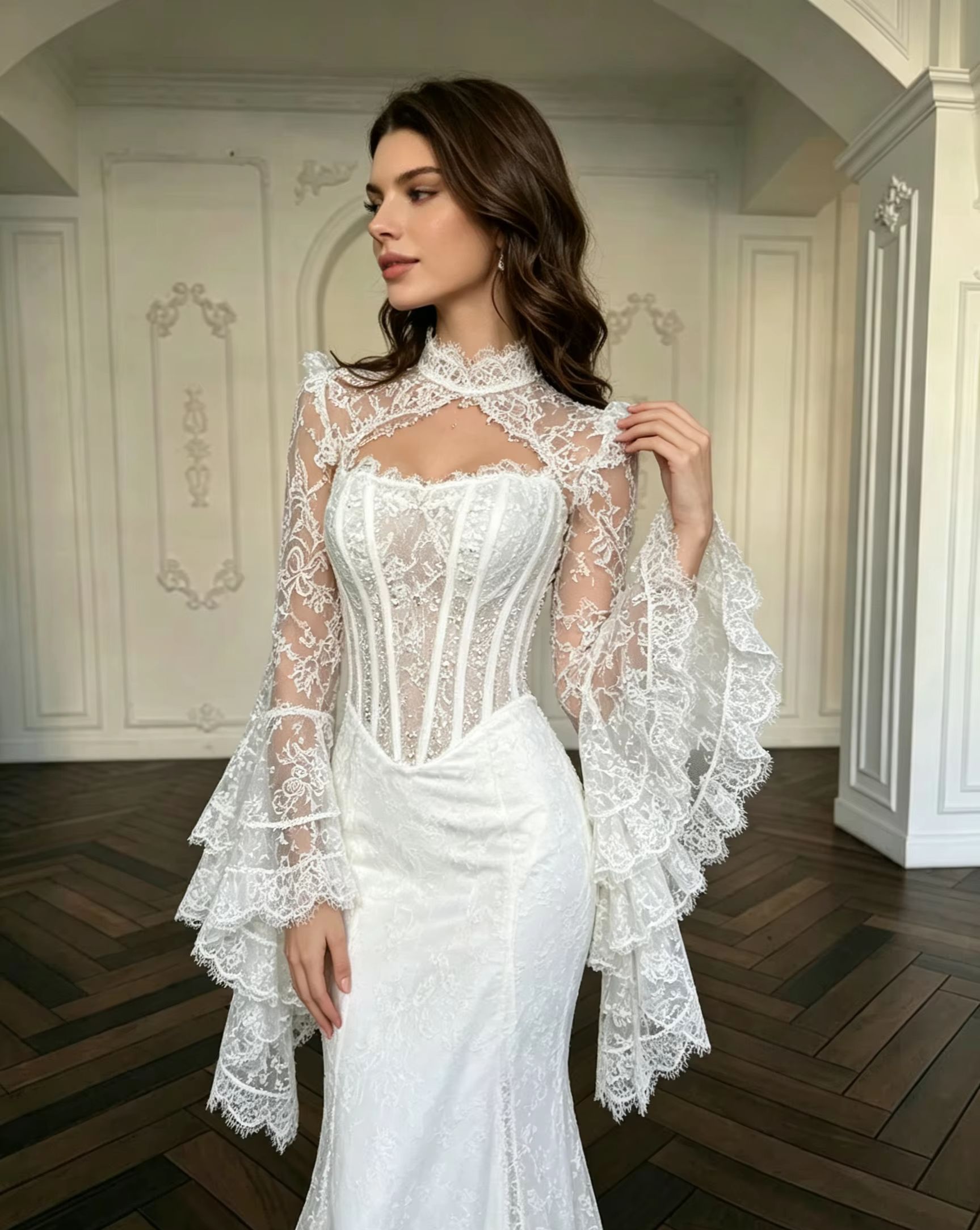 Élégant boléro de mariée à col montant, en dentelle vintage, à volants superposés, manches longues cloche, en maille transparente, style corset, pour cérémonie de mariage et banquet