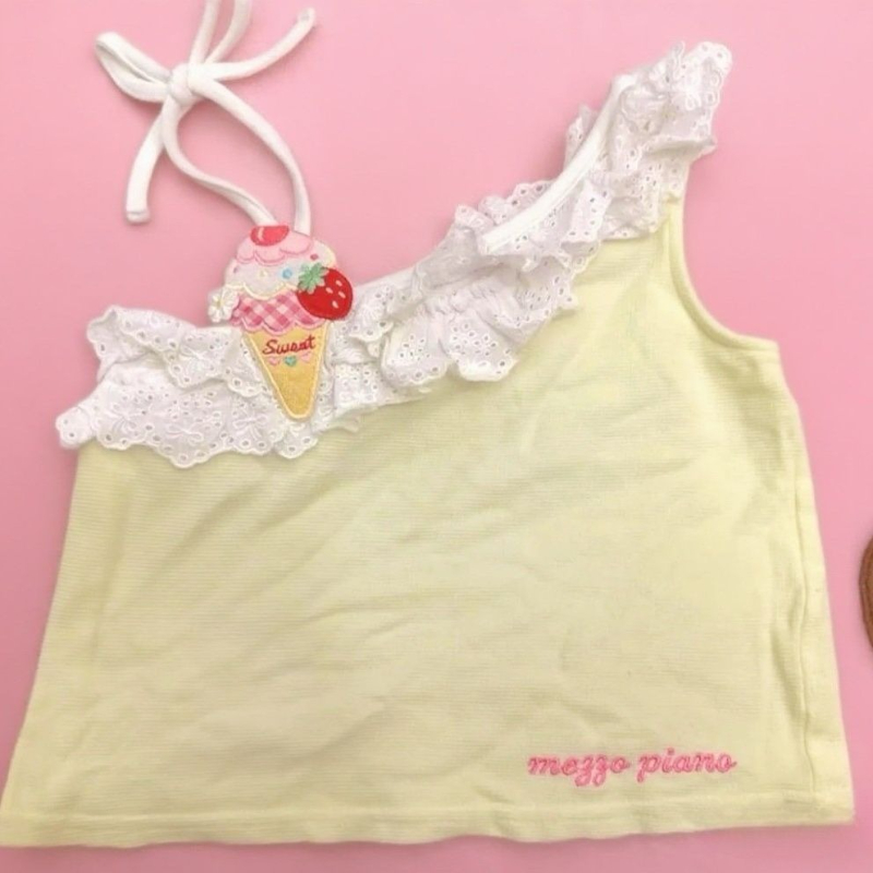 Débardeur asymétrique épaule dénudée avec des Appliques brodées japonaises Kawaii, Y2k, esthétique, doux, camisole d'été pour filles, vêtements en dentelle épissée Harajuku