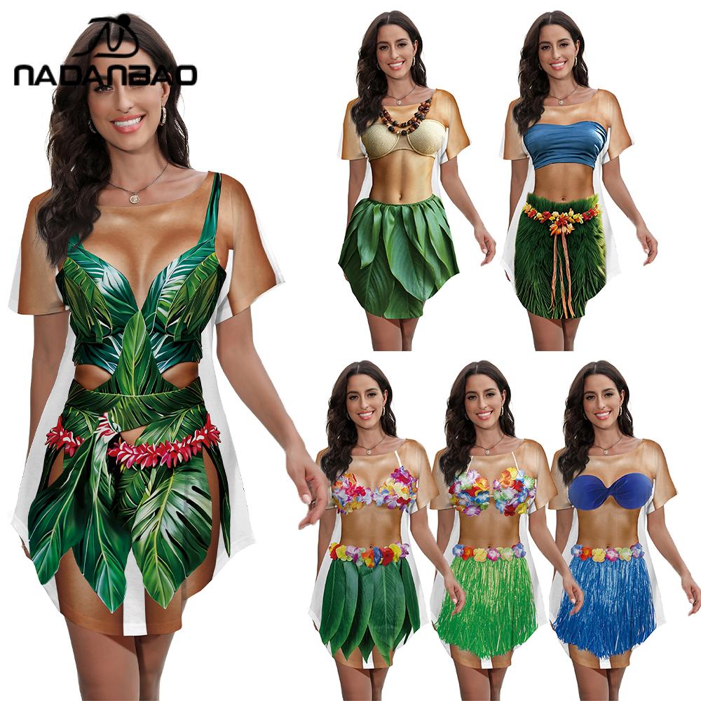 Nadanbao peau de blé corps imprimé Bikini couvrir robe femmes été à manches courtes plage chemise hawaïenne Tropical Luau robe de soirée