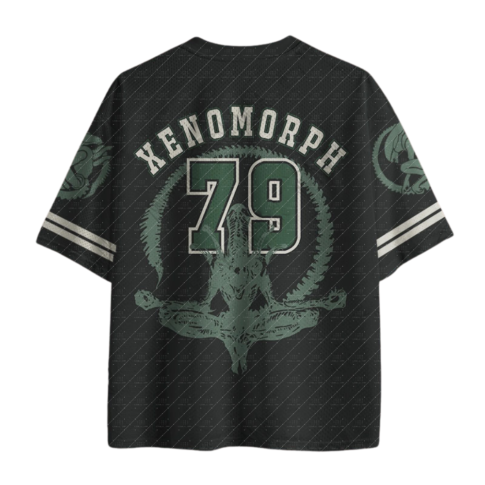 Maillot de football col en V vintage, imprimé avec un dessin technique d'extraterrestre de science-fiction numéro 79, manches rayées noir, crème et blanc, t-shirt de sport ample