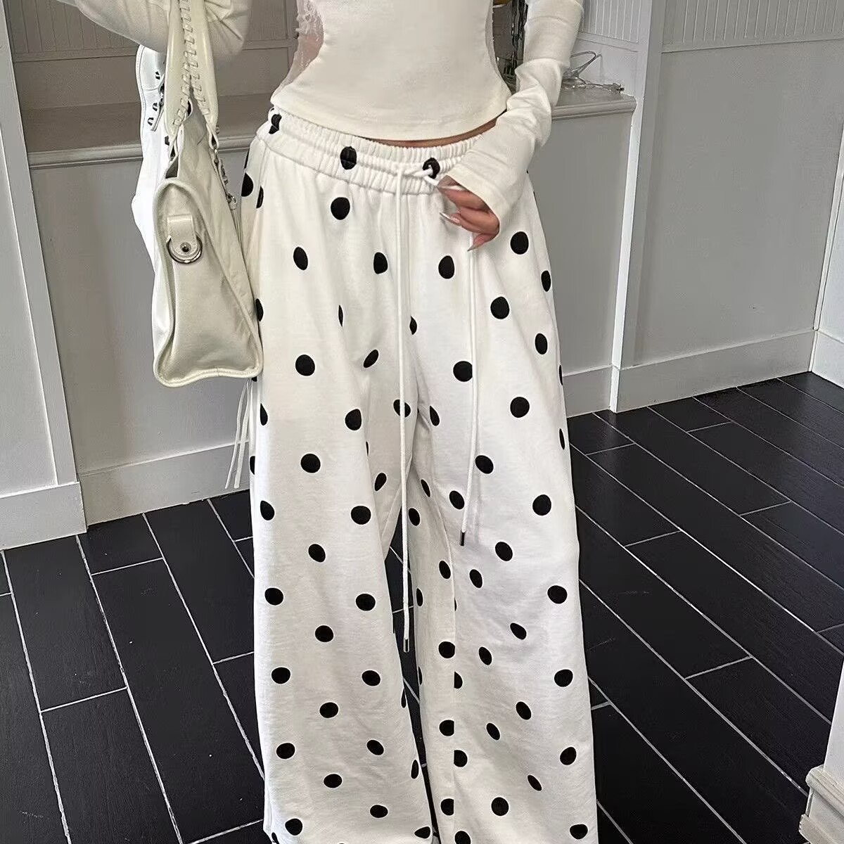 Pantalon large à pois pour femme, taille haute avec cordon de serrage, style coréen, collection Printemps-Été, streetwear