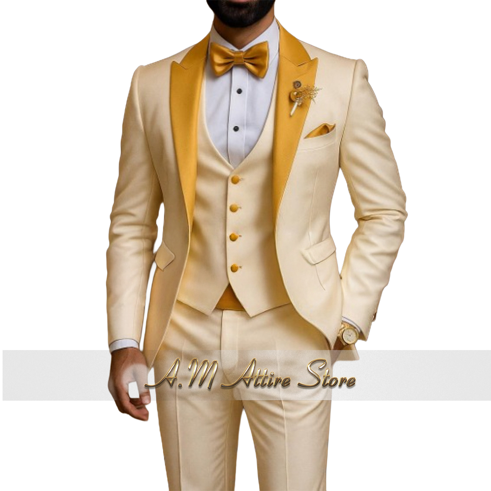 Costume de Mariage Homme Haute Couture 3 Pièces – Veste, Gilet et Pantalon Slim Fit à Revers Dorés – Tenue de Bal pour Garçons