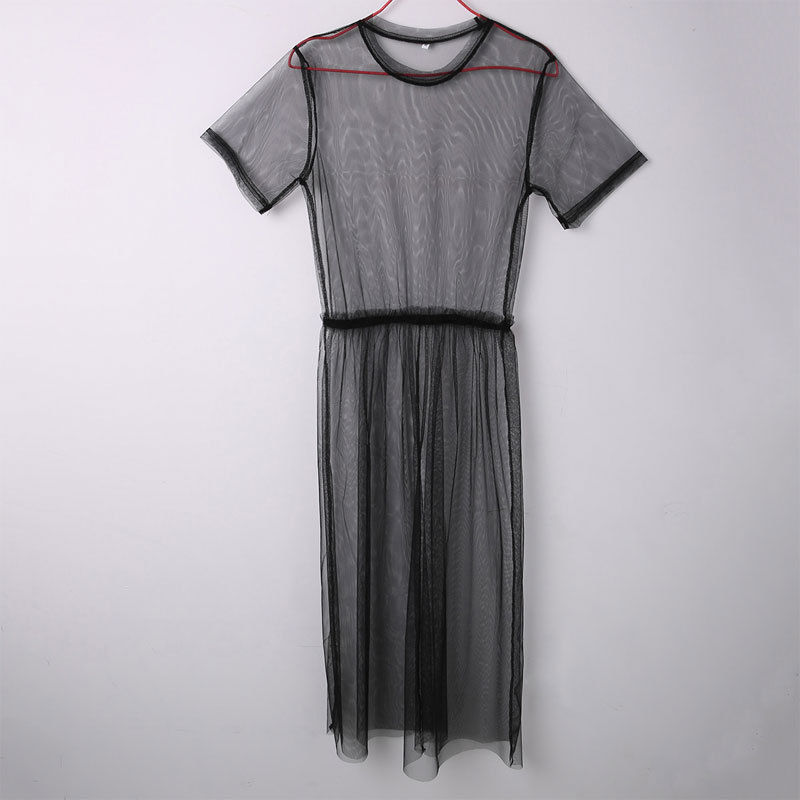 Robe d'été en maille Volie pour femmes, robe d'été en gaze noire transparente, demi-manches, dentelle, vêtements d'extérieur sexy, 1 pièce, été, 2022