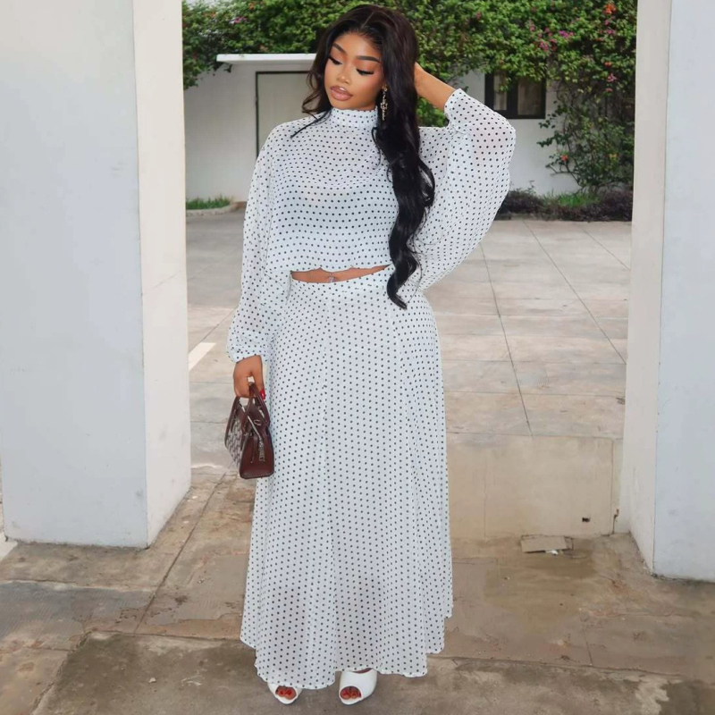 Nouvel ensemble deux pièces pour femmes, mode africaine, haut ample à pois et jupe assortie