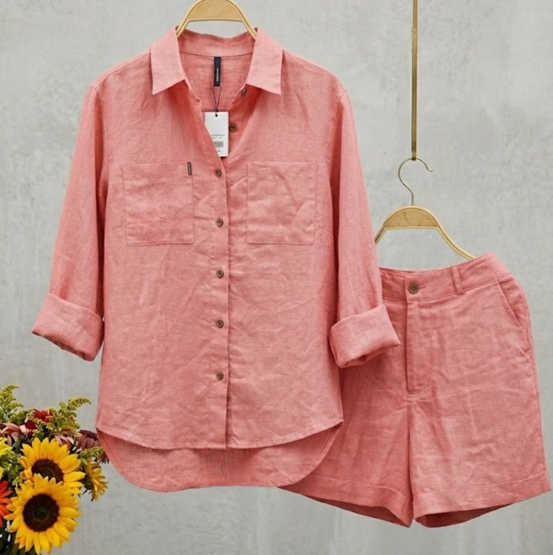 Ensemble décontracté 2 pièces en coton et lin pour femme, été-automne, chemise à manches longues et short, ensemble deux pièces, tenue de sport