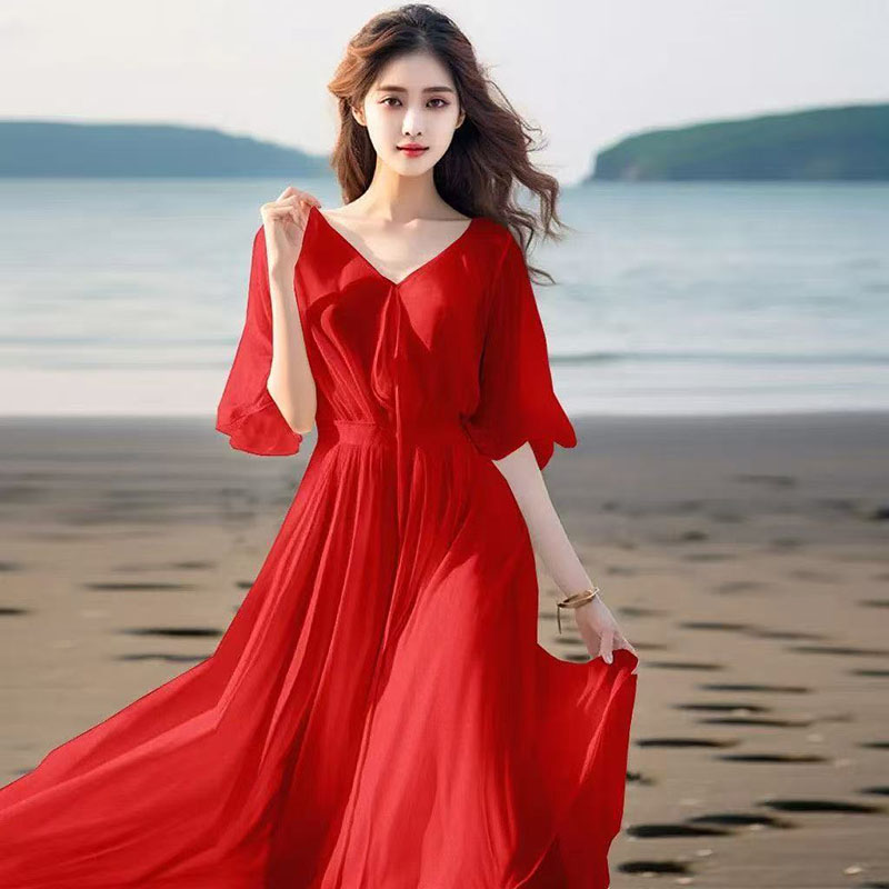 Robe d'été 2026 pour femme, style coréen, en mousseline, manches courtes, maxi, élégante, col en V, tunique décontractée, robes de soirée florales
