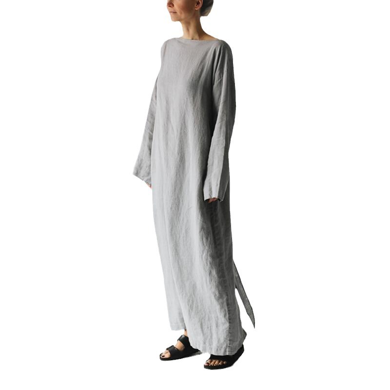 Robe ample en coton et lin pour femmes, manches longues, mode décontractée, couleur unie, avec nœud à lacets, Maxi, élégante, automne 2024