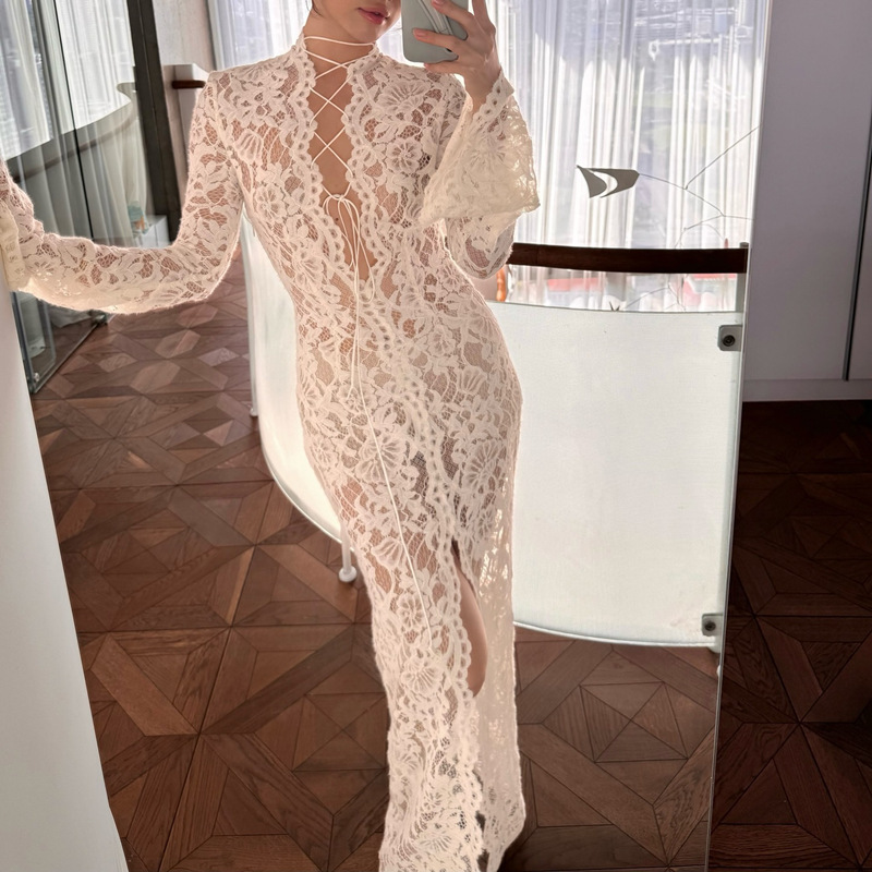 Femme robe vêtements col en v robe en dentelle blanche 2025 robes Para Mujer automne à lacets haute fente mince longues robes de soirée