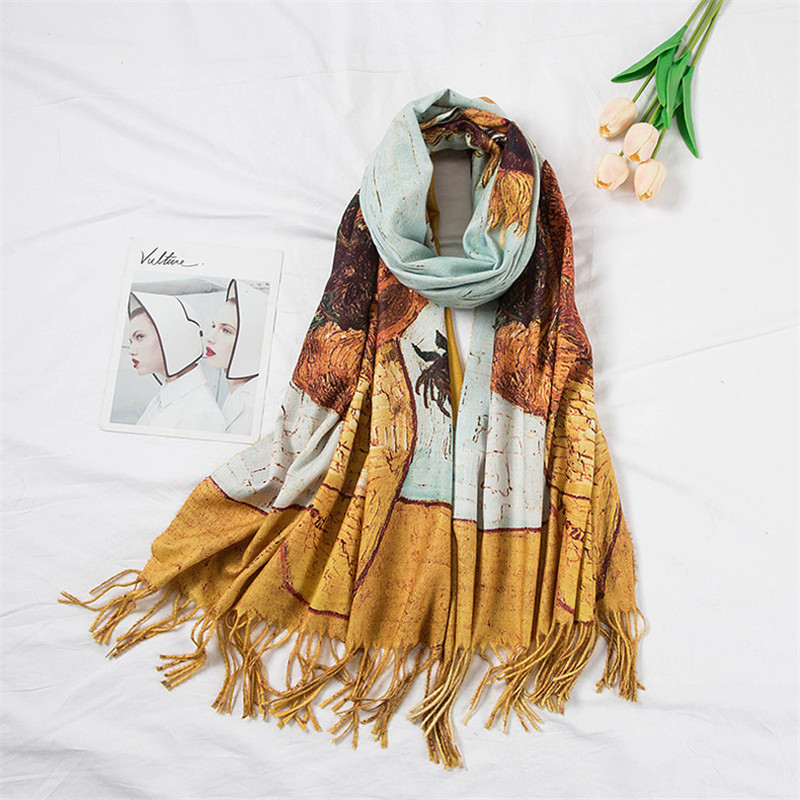 Écharpe en Cachemire de Van Gogh pour Femme, Peinture à l'Huile, Vase à Tournesol, Pashmina à Pampilles, Couverture, Châles Enveloppants, Design de Mode, Foulard, Hiver, 2022