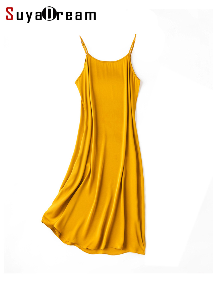 SuyaDream – robe mi-longue en soie pour femmes, 93% soie, 7% élasthanne, bretelles Spaghetti, nouveaux vêtements d'été, bleu, 2024