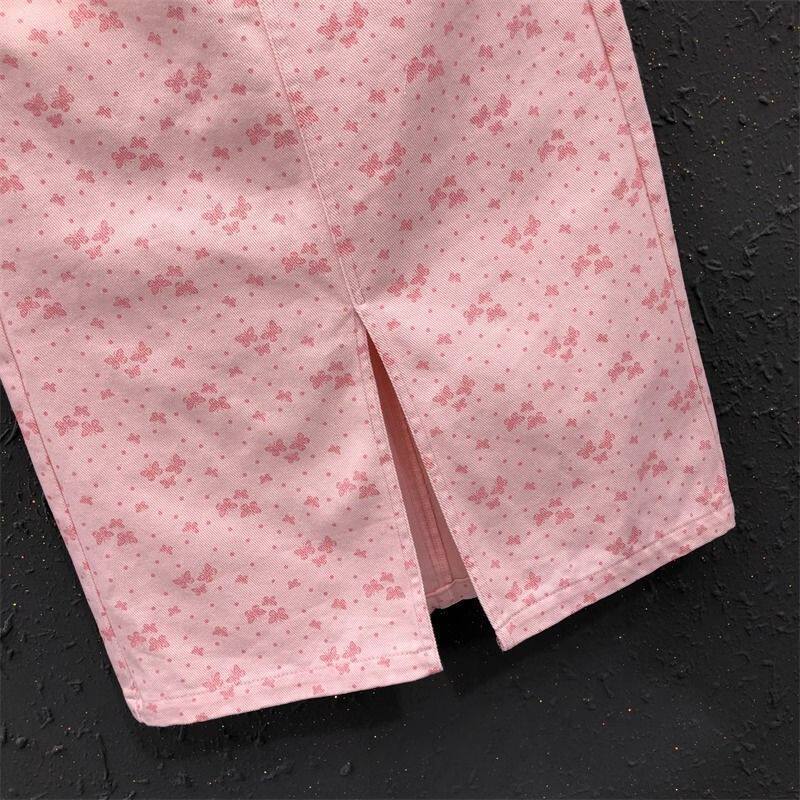Jupe en jean rose imprimée coréenne pour femme, nouvelle collection été 2026, taille haute, mi-longue et longue, coupe ajustée aux hanches