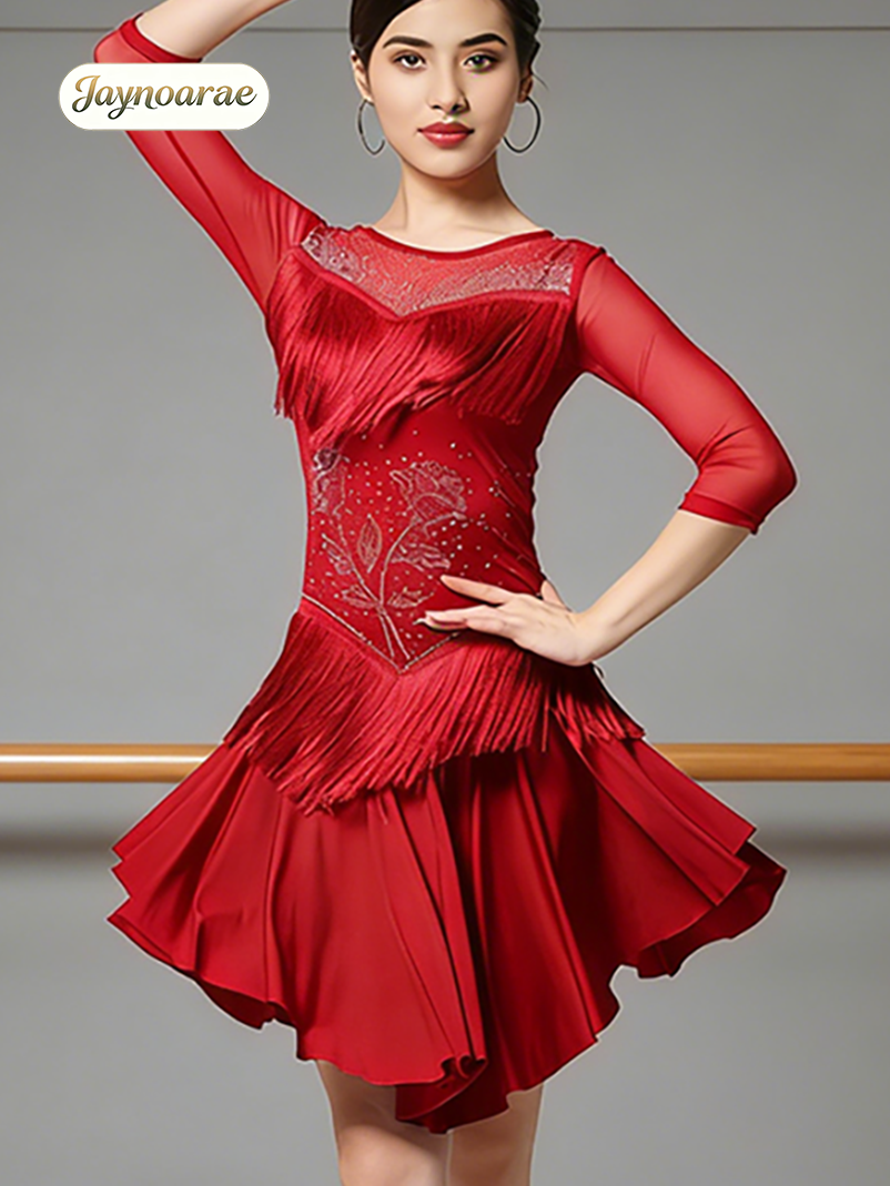 Robe de danse latine JAYNOARAE pour femmes, à franges, col rond en dentelle, manches 1/2, pour tango et salsa