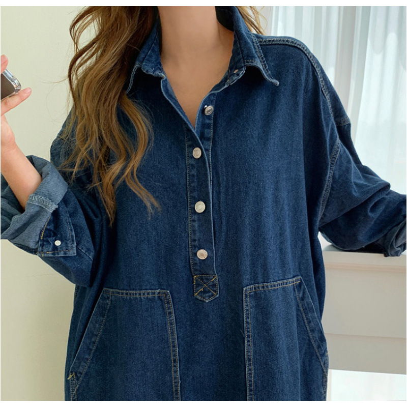 Robe longue en Denim pour femmes, col rabattu, ligne A, Maxi maman, jean, Streetwear, décontracté, ample, Y2k, fête, été 2025