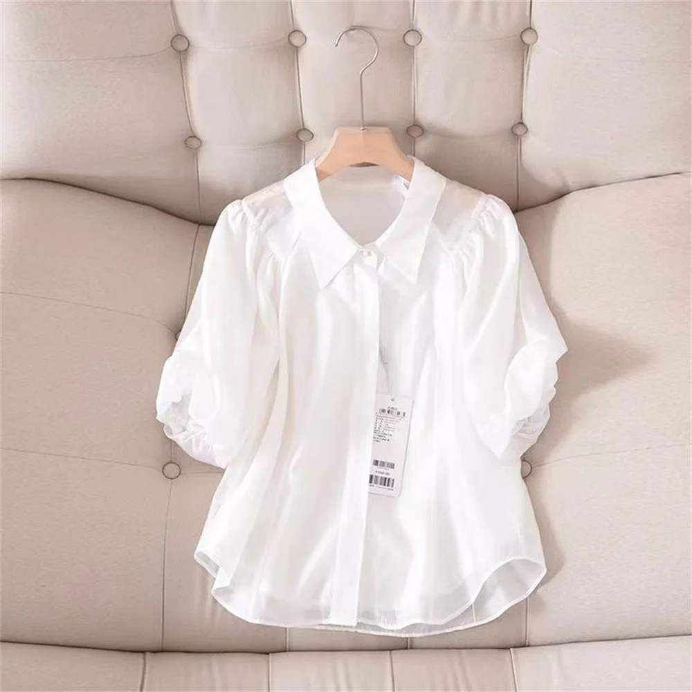Chemise Blanche à Manches Bouffantes pour Femme, Élégante, à la Mode, lèvent, Style Français, Couleur Unie, Nouvelle Collection Été 2024