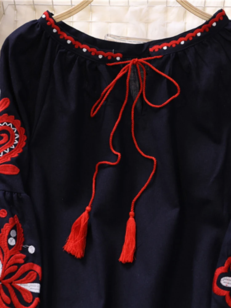 Chemisier rétro brodé à lacets pour femmes, style national, pompon, col en V, manches lanterne, tout match, femme, Y-adt, PL536