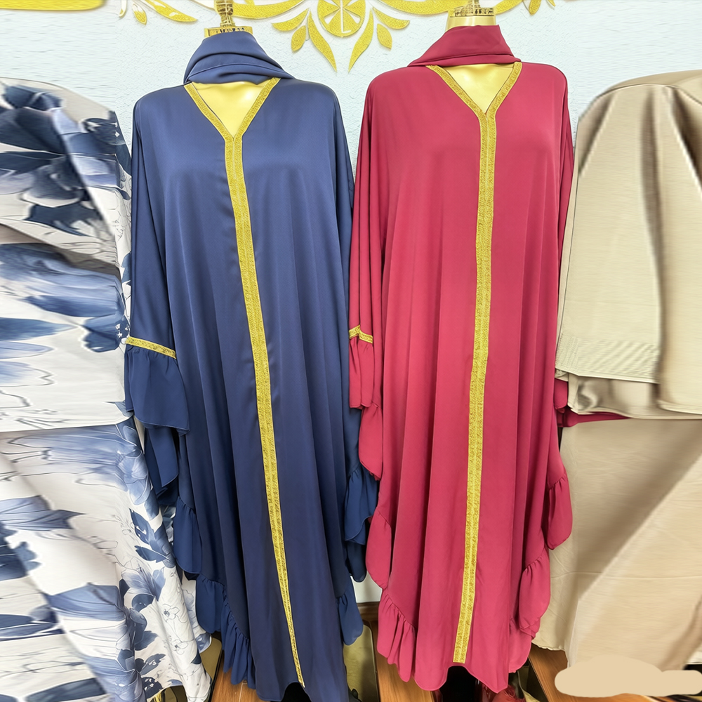 Robe Abaya 2026 Été Élégante pour Femmes Musulmanes, Manches 3/4, Col en V, Polyester, Bleu Jaune Vert, Robes Longues, Mode Musulmane Abaya