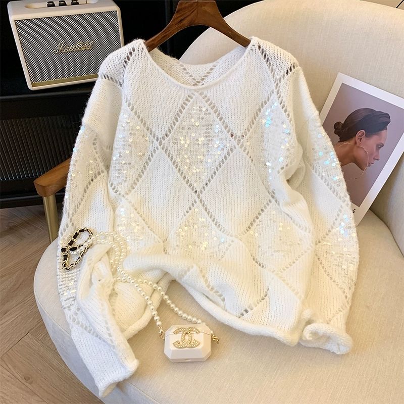 Pull de luxe en tricot doux à paillettes pour femme, manteaux, automne-hiver, hauts à manches longues, tricot ample, mode coréenne Y2k