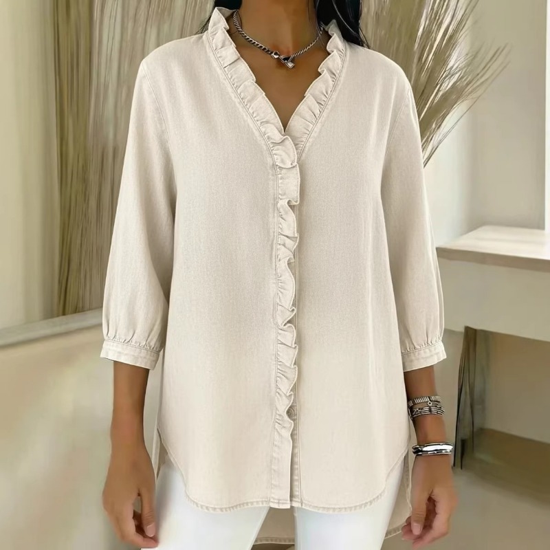 Chemisier en jean bleu clair pour femme, col en V à volants, manches 3/4, boutons sur le devant, coupe ample, haut décontracté avec fentes latérales