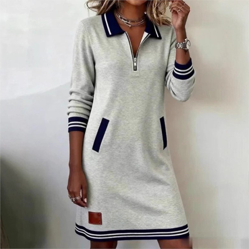 Robe polyvalente à la mode pour femmes, décontractée, couleur contrastée, épissure, revers, manches longues, ample, avec poches, automne hiver