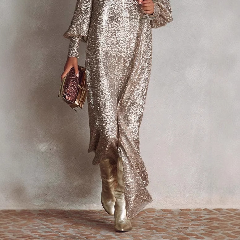 Robe de soirée élégante pour femme, col en V profond, manches lanternes à sequins, longue robe de soirée, automne-hiver, robe sexy pour invitées de mariage, robes de fête