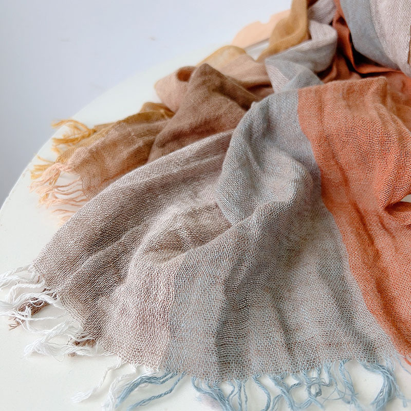 Écharpe fine en lin pour femme, longue écharpe rayée, style café, collection printemps et été 100%