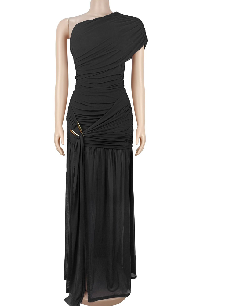 Robe de soirée élégante Bonnie Forest asymétrique à une épaule, moulante, avec détails métalliques, fente haute, longueur ras du sol, pour femmes, style célébrité