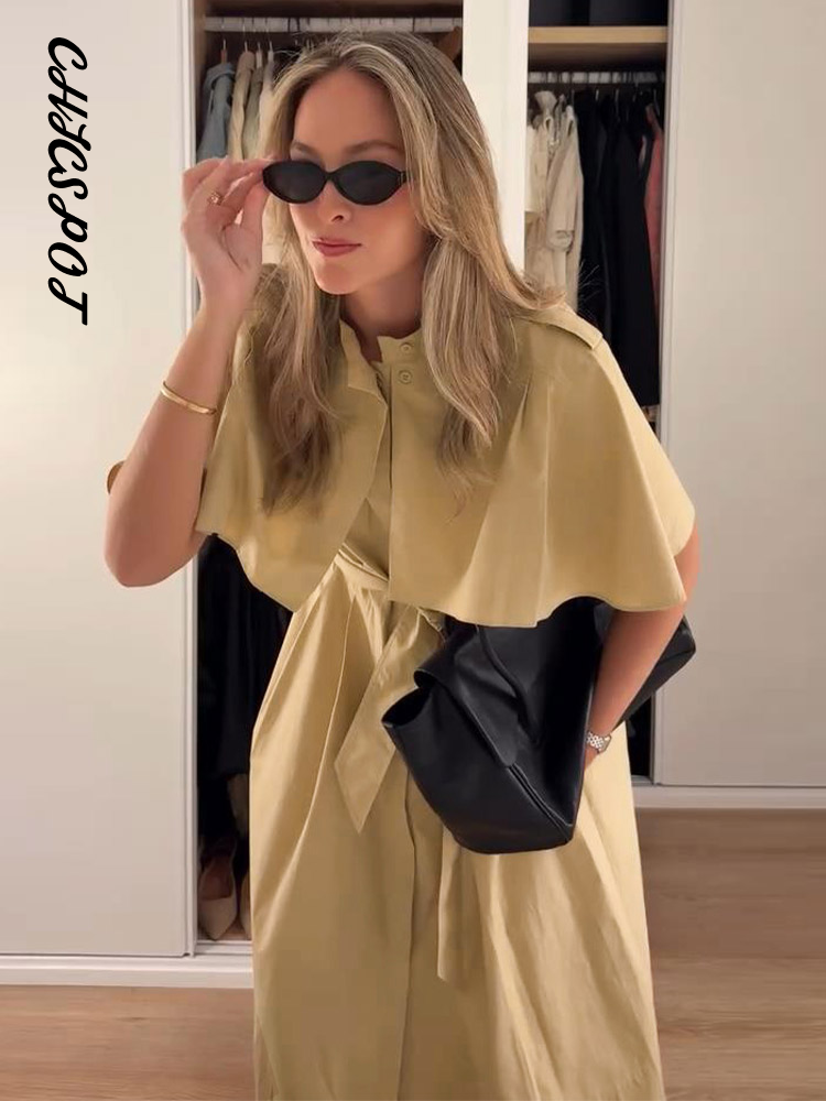 Robe chemise plissée à manches longues, à col cape, à lacets, à épaulettes, à taille cintrée, élégante et chic pour femmes, idéale pour les soirées.