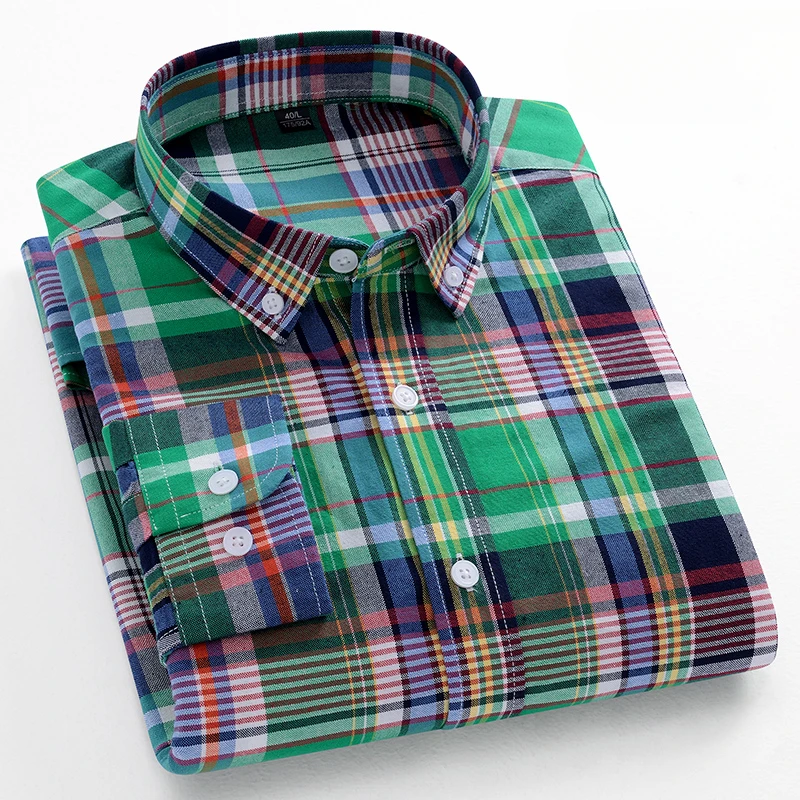 Chemises décontractées à manches longues pour hommes, tendances coréennes, coupe ajustée, chemise unie 100% coton, hauts à carreaux et rayures, vêtements de créateur doux