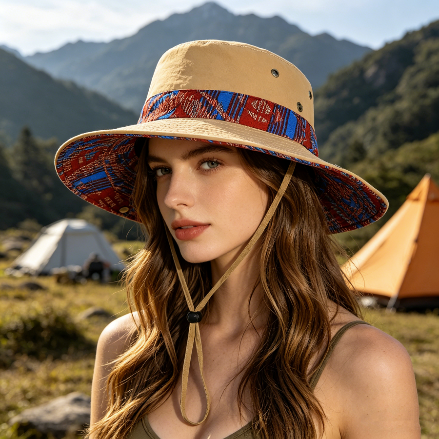 Chapeau de pêcheur à large bord de style ethnique, protection solaire, unisexe, pour la randonnée et le camping, pliable et respirant, avec cordon coupe-vent, adapté à la randonnée et au trekking