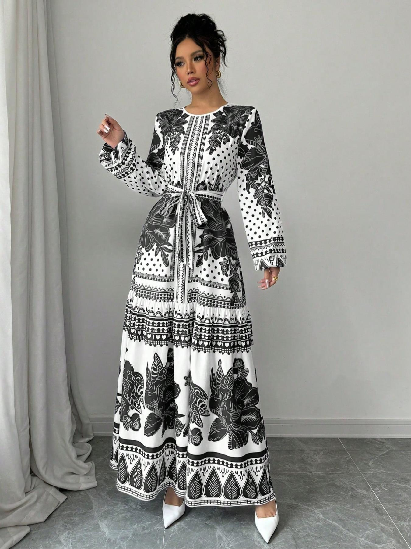 Robe ceinturée à imprimé Floral pour femmes, robe élégante et décontractée à manches longues pour un usage quotidien en plein air, robe d'été pour femmes