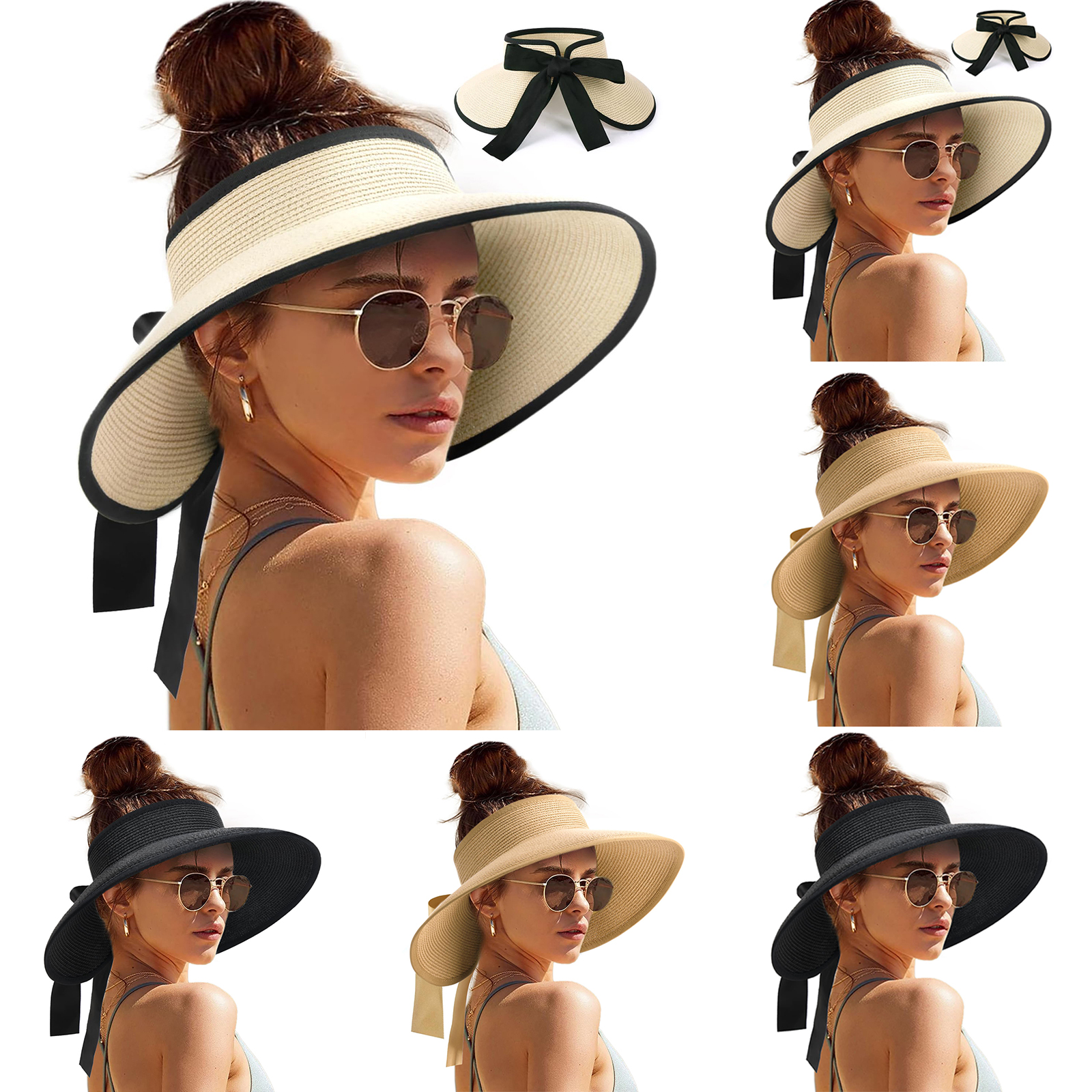 Chapeau Visière Femme avec Nœud – Essentiels d'Été Anti-UV à Large Bord – Chapeau de Plage et d'Extérieur Indispensable au Quotidien – Couleurs Multiples – Accessoire de Tête pour Femme