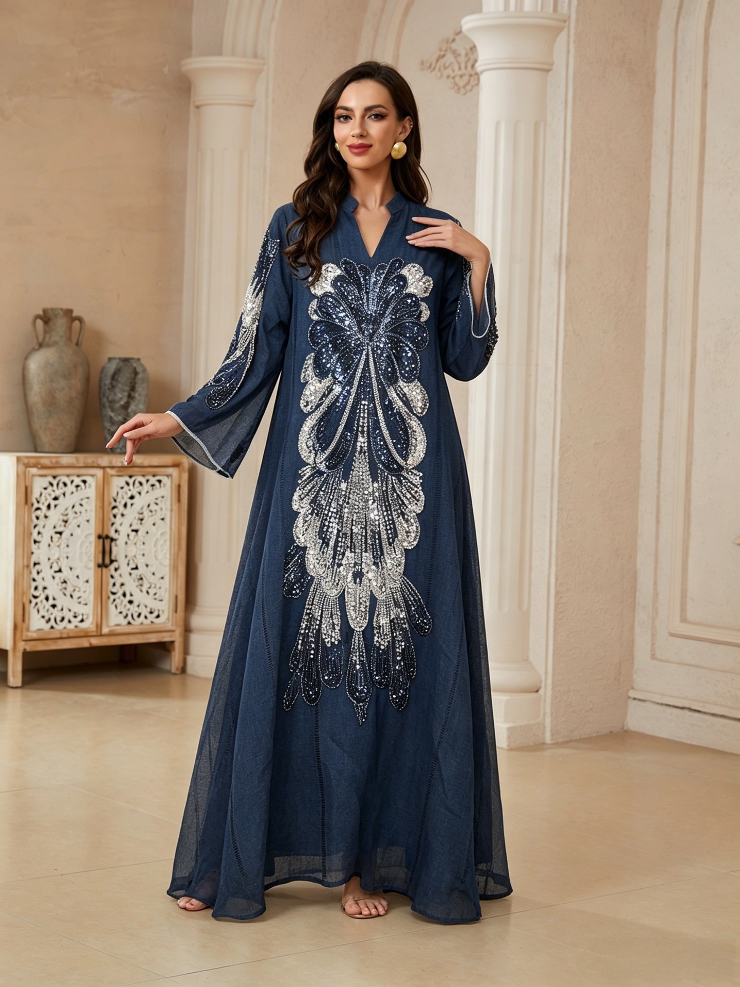 Robe de soirée élégante pour femmes musulmanes du Moyen-Orient, style Ramadan, ornée de perles, col en V, coupe ample et amincissante, luxe léger.