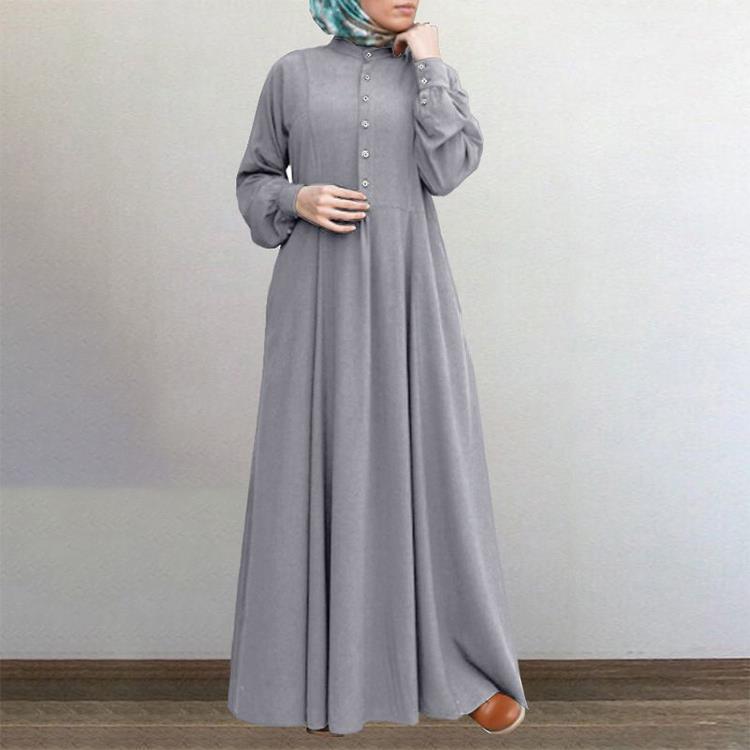 Robe musulmane boutonnée à manches longues pour femmes, robe longue islamique, document vintage monochrome, printemps et automne