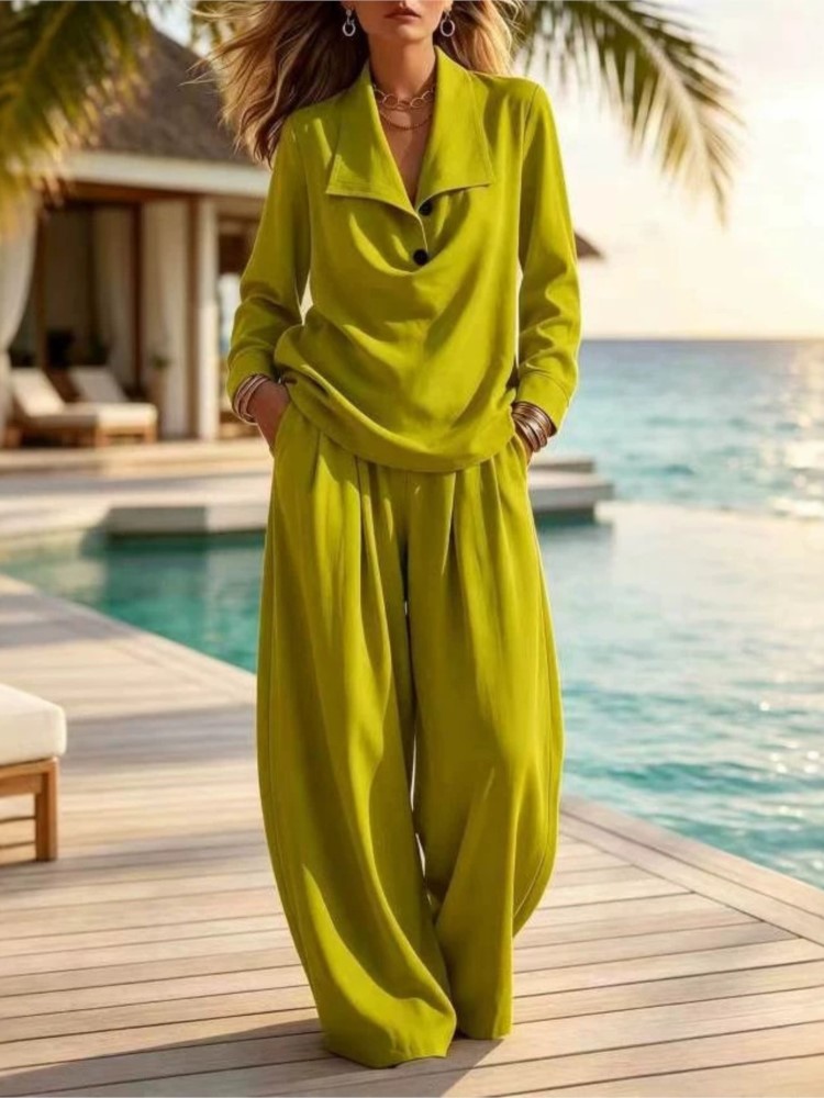 Ensemble 2 pièces pour femmes, chemisier à col à revers et manches longues, pantalon large, décontracté, blanc, idéal pour les vacances à la plage.