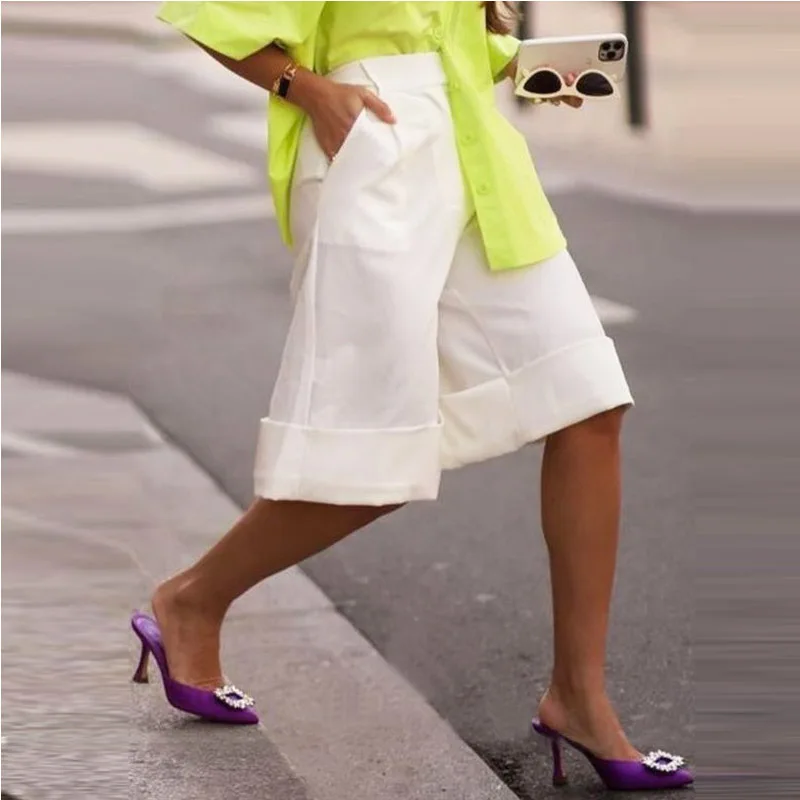 Pantalons et capris à jambes larges pour femmes pour printemps été 2025, amples et décontractés, longueur aux genoux, shorts blancs simples, bas pour femmes