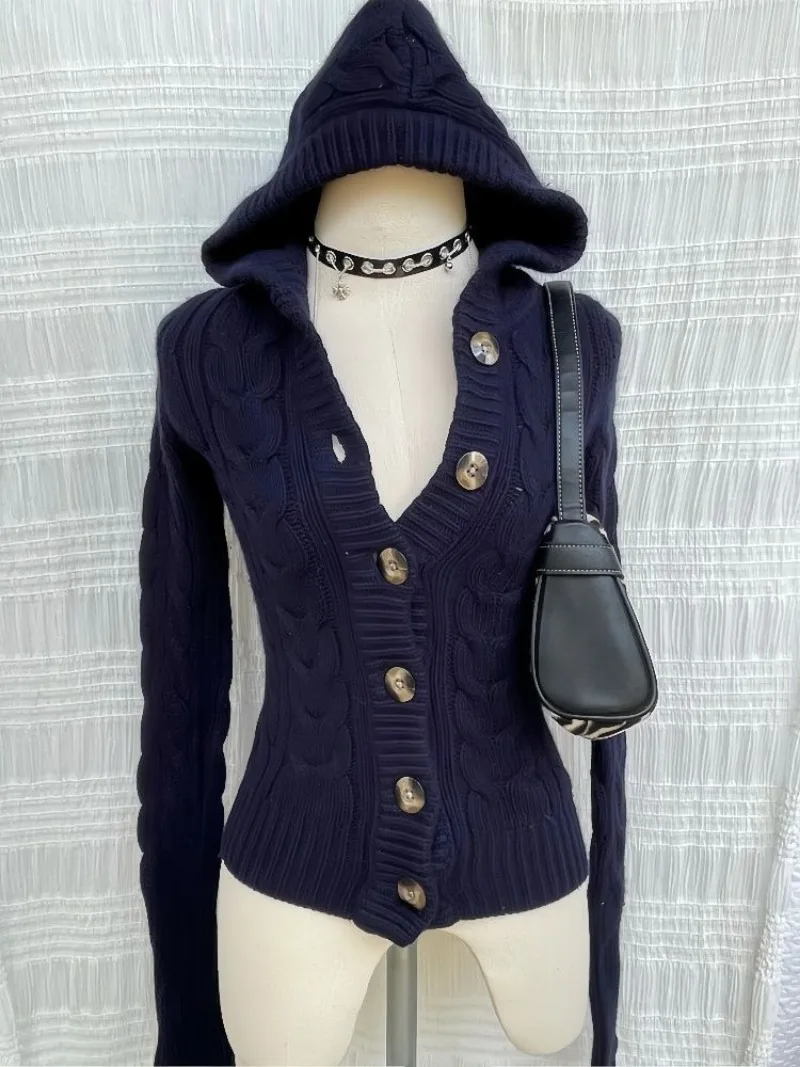 Cardigan à Capuche Bleu Foncé de Style Américain pour Femme, Pull Décontracté, Polyvalent, Rétro, Harajuku, Haut Simple, Y2K