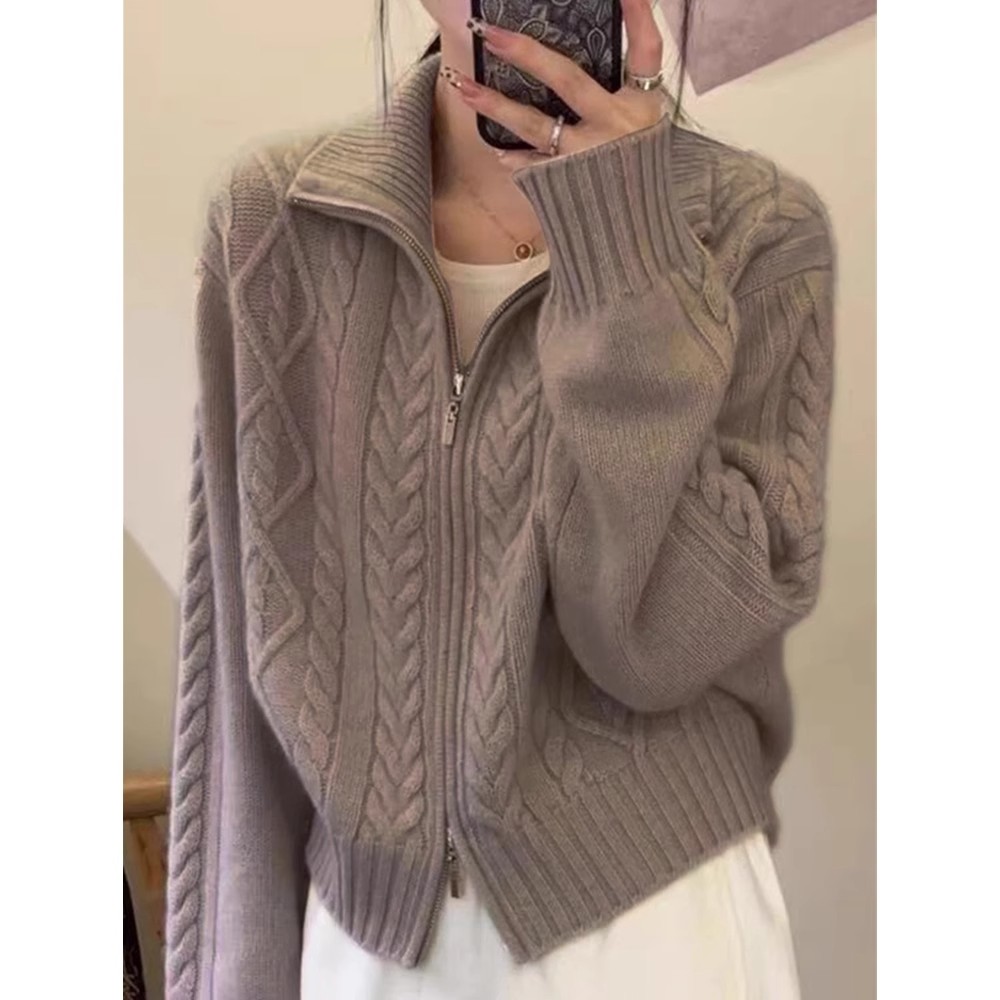 Cardigan 100% cachemire pour femmes, col haut, pull ample et doux pour l'automne et l'hiver, pull tricoté en laine, manteau épais
