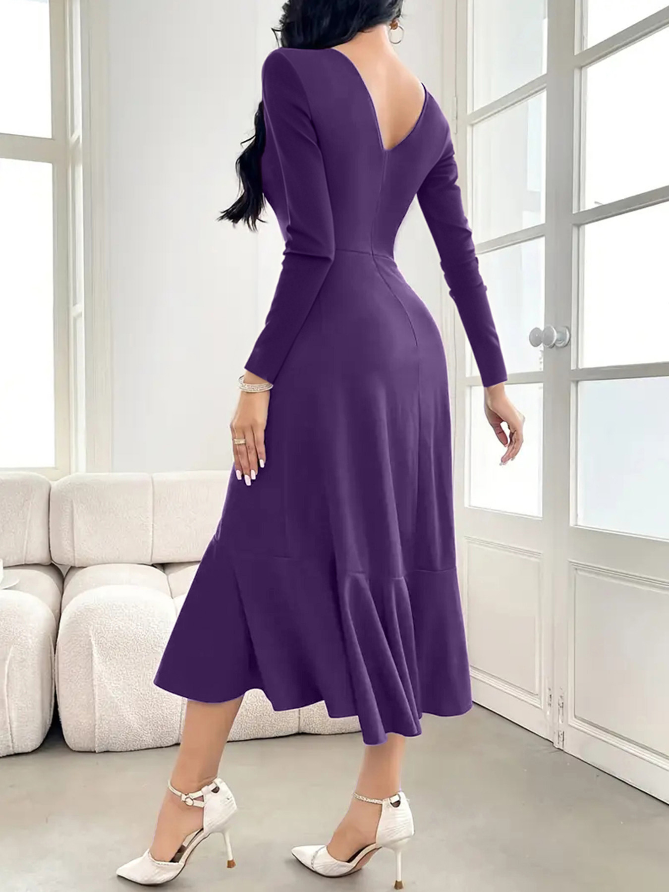 Robe de soirée de couleur unie, col rond, manches longues, jupe queue de poisson, coupe ajustée, robe mi-longue élégante