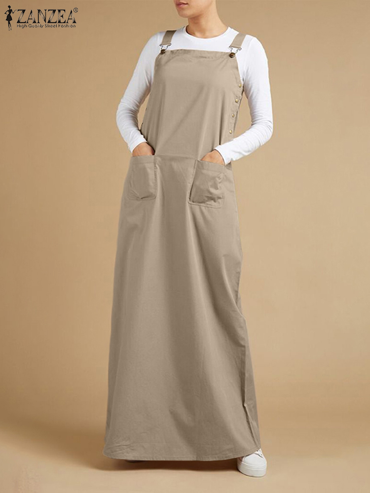 Femmes automne Robe d'été ZANZEA 2025 caftan bretelles Robe élégante solide salopette robes femme col carré boucle Maxi Robe