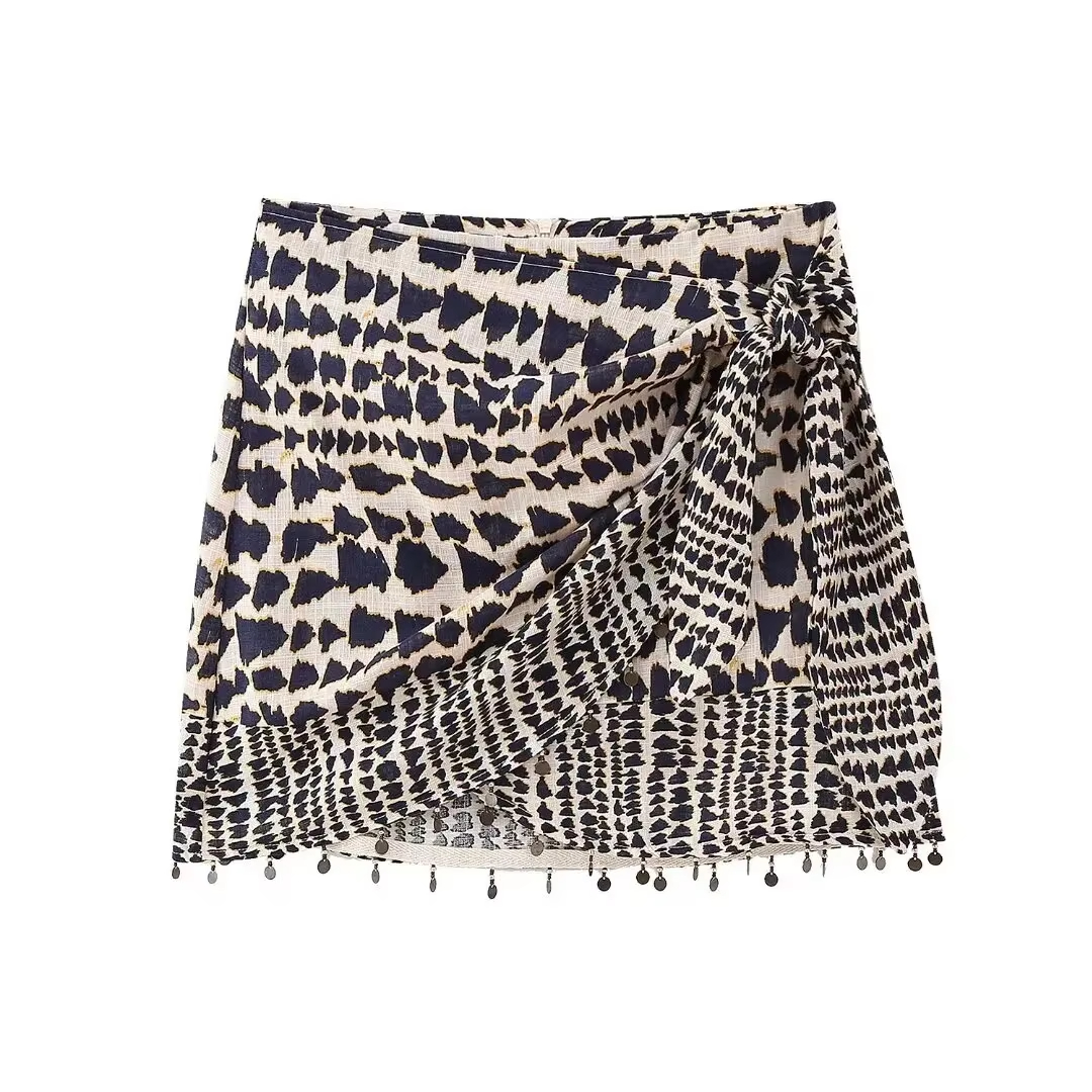 Femmes Vintage imprimé géométrique noué Mini jupe Sarong Faldas Mujer femme perles gland décontracté fermeture éclair robes