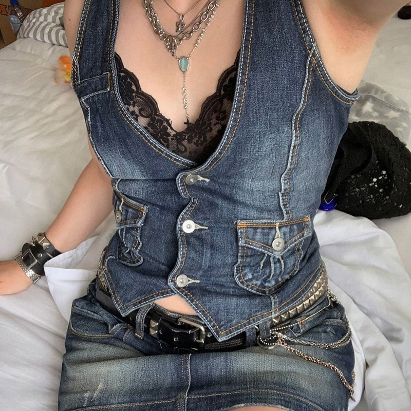 Femmes Denim gilet veste sans manches lavé col en V simple boutonnage poches gilets minces Streetwear femme été Vintage gilet
