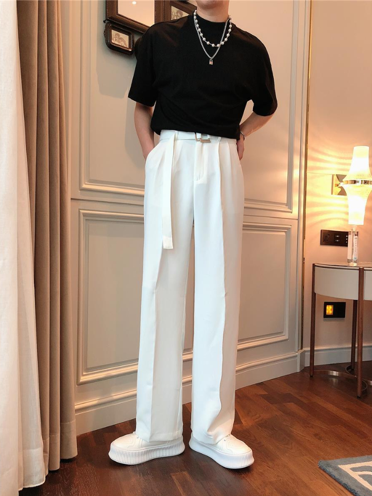 Pantalon blanc pour hommes Baggy avec ceinture jambe large élégant printemps vêtements homme costumes pantalons vêtements Promotion tissu chaud été 2025