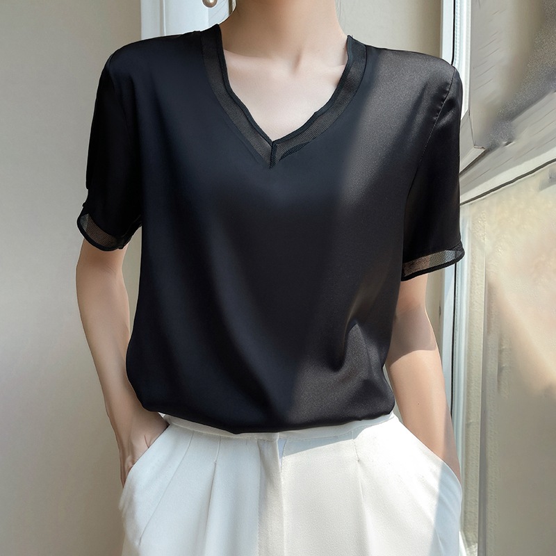 T-shirts d'été à manches courtes col en v soie Satin T-shirt solide mode femmes T-shirt sommets décontracté bureau dame T-shirt